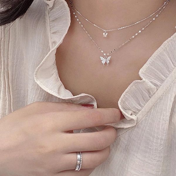 

pendant necklaces fashion multi-layer link chain zircon butterfly charm choker necklace for women girls statement jewelry, Silver