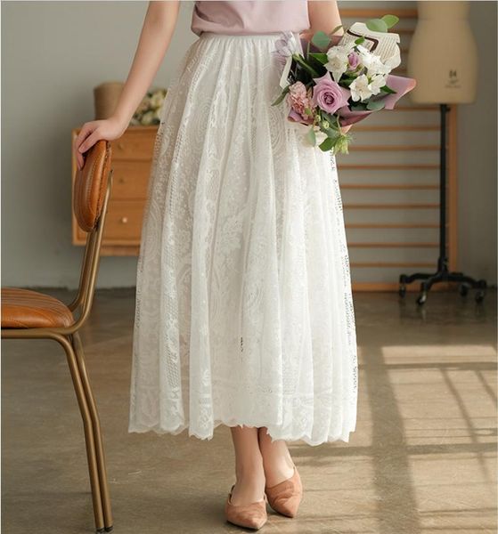 

skirts skirt women spring summer fashion casual all-match 2021 elastic waist loose lace hollow out, Black