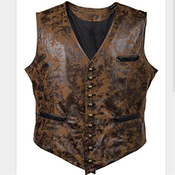

men's jackets steampunk cosplay costume vest jacket 2021 brand rivet button faux leather cowboy waist coat chalecos para hombre fall, Black;brown