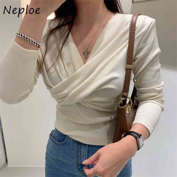 

korean v-neck cross drape design slim t shirt women work style ol multicolor casual tees autumn winter lady 210422, White
