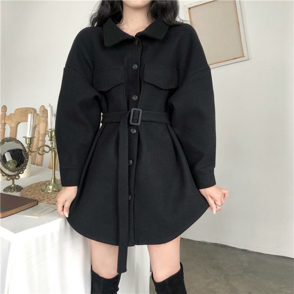 

dress korean mode autumn vintage women long sleeves turn down casual collar unmarried black irregular mini dressed in belt baqy, Black;gray