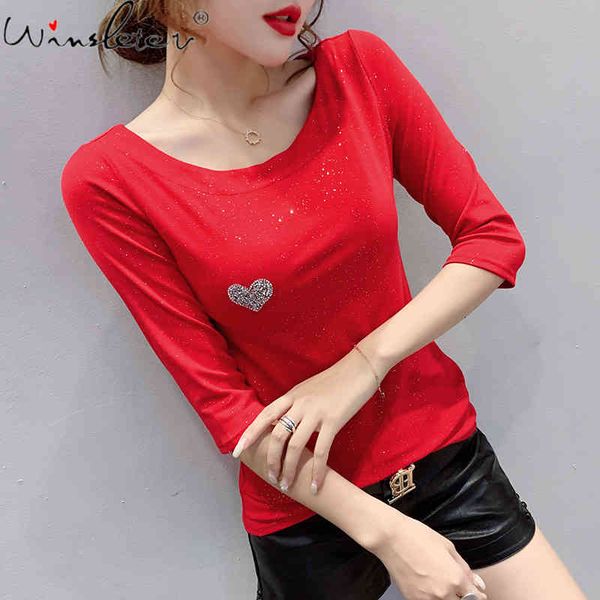 

women's t-shirt summer european clothes cotton fashion o-neck women three quarter sleeve shiny tees all match 2021 t1351, White