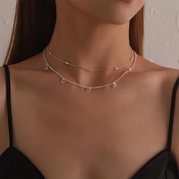 

pendant necklaces vintage simple crystal necklace double-layer clavicle thin chain charm choker for women party jewelry gift, Silver