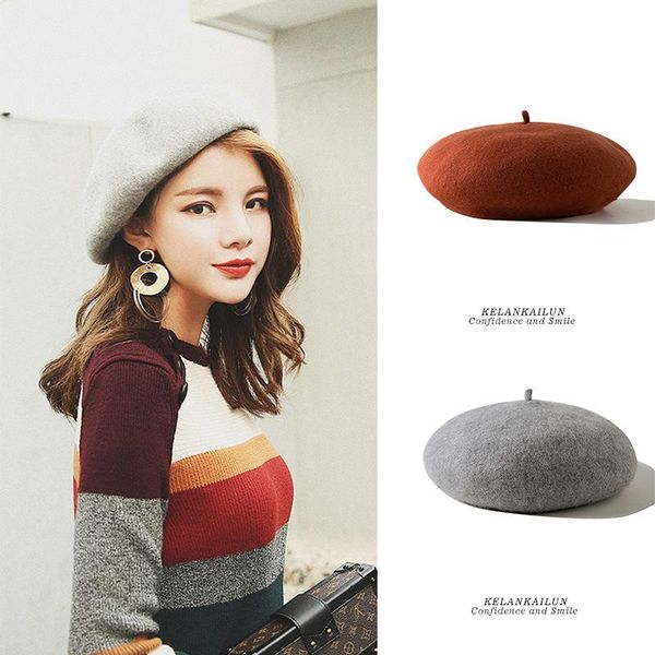 

berets beret women autumn and winter korean wool octagonal hat japanese british painter womens solid, Blue;gray