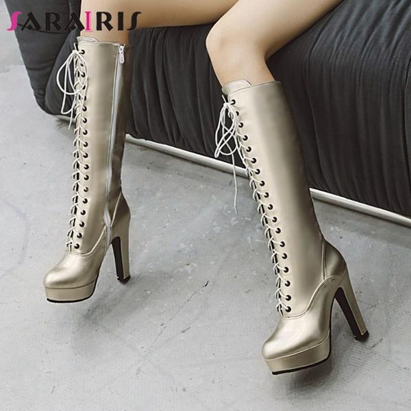 

boots sarairis female casual party lace up winter high heels mid calf women platform brand designer shoes woman, Black