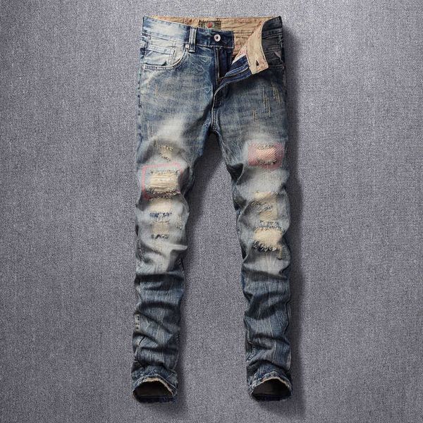 

men's jeans ly designer fashion men slim fit retro ripped denim pants embroidery patchwork streetwear hip hop trouser, Blue