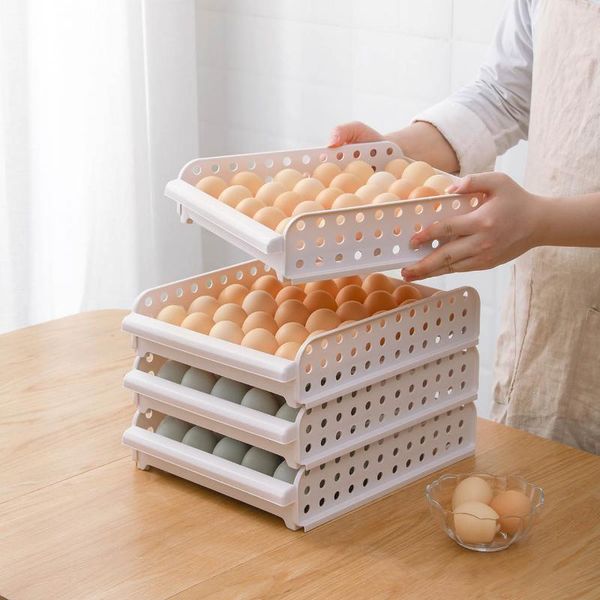 

storage bottles & jars multi-layer egg holder stackable refrigerator pull-out drawer eggs tray home organizer spacer rack kitchen shelf