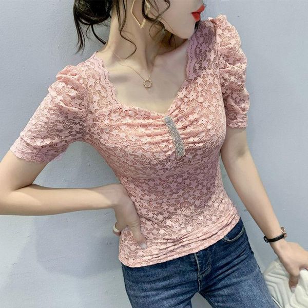 

women's t-shirt 2021 summer solid pink tee women t shirt short sleeves plus size hollow lace clothing sweet blusas y686, White
