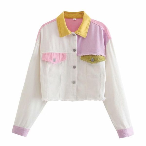 

women's jackets loose denim jacket, long sleeve color block patchwork button down jean jacket spring autumn, Black;brown