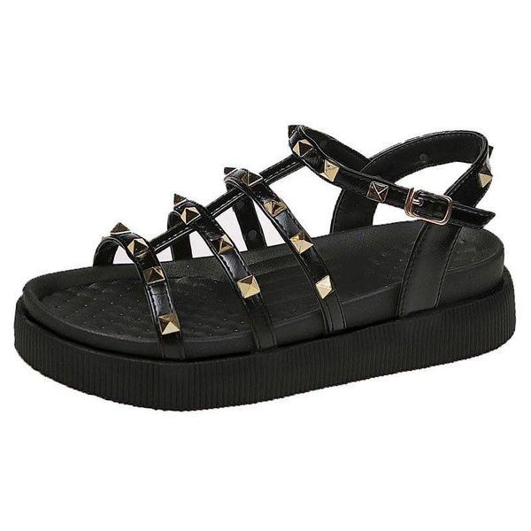 

dress shoes adjustable buckle strap casual sandals flat ladies summer outdoor fashion leather round toe elegent slipper, Black