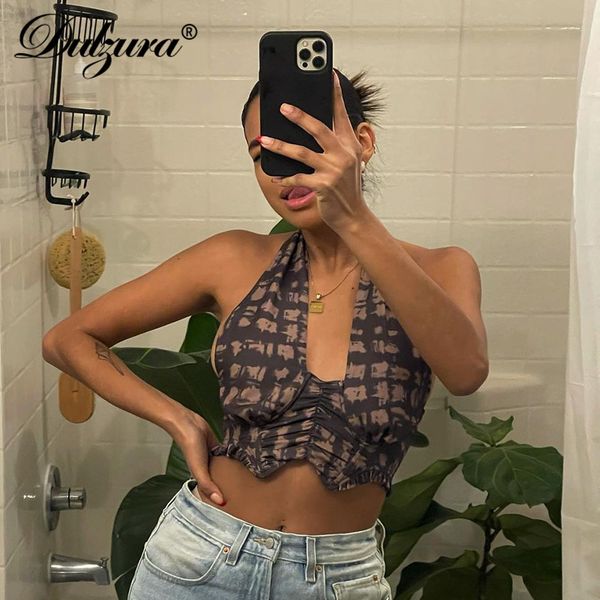 

tie dye print women halter crop tanks ruched bodycon streetwear party club 2021 summer clothes festival fashion, Black;white