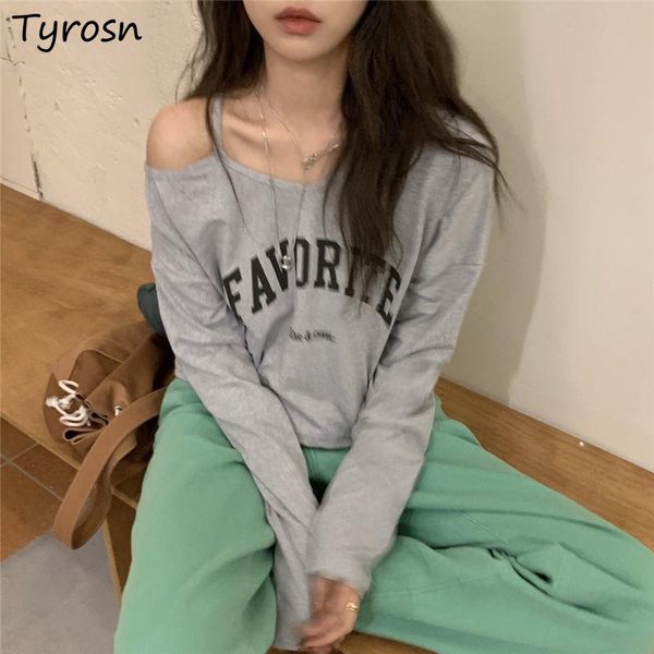 

women's t-shirt women long sleeve t-shirts bare shoulder streetwear vintage letter printed chic korean style loose casual bf high stree, White