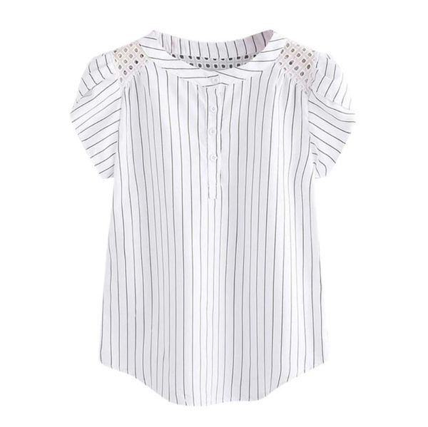 

women's blouses & shirts women striped hollow out short butterfly sleeve fashion summer o neck female blouse white camisa feminina clot