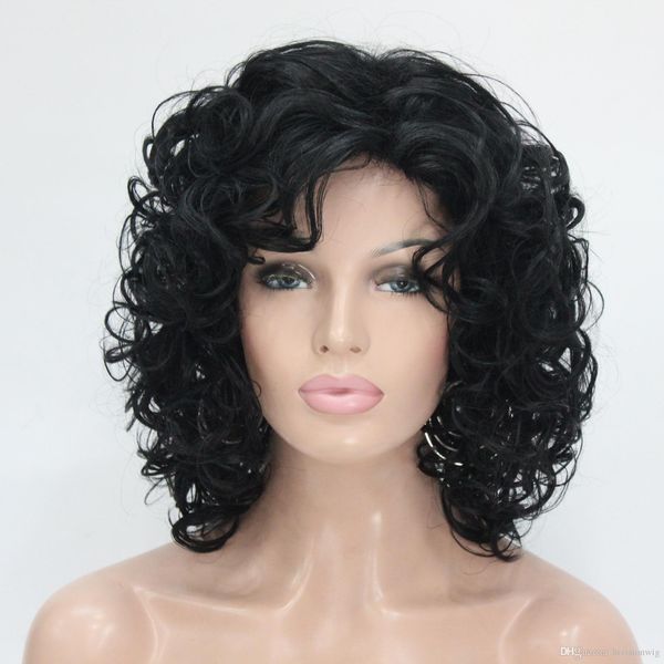 

fashion health super cute cosplay jet black curly medium women's full wig, Black;brown