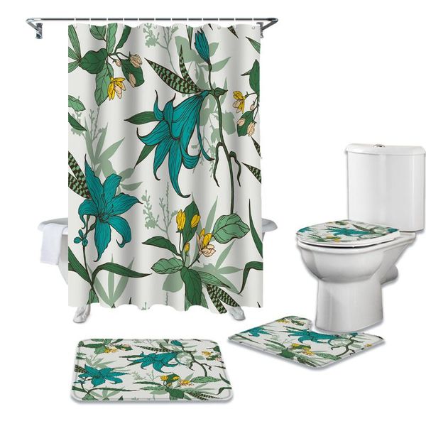 

shower curtains 4pcs/set carnation flower leaf print curtain waterproof bathroom toilet cover mat non-slip rug set bathtub decor