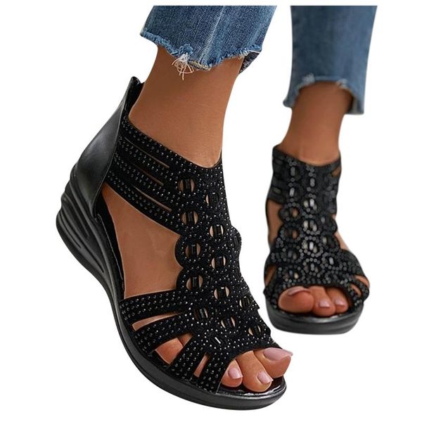 

sandals sagace women's wedges shoes sandalias mujer casual footwear ladies vintage crystal outdoor hollow out zip up, Black