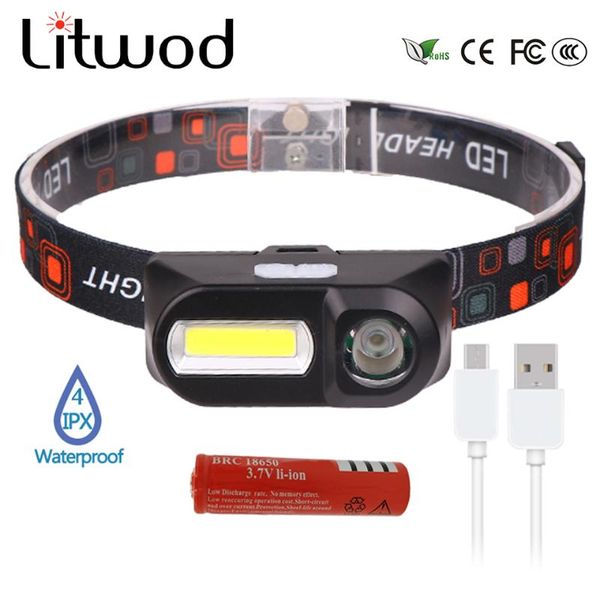 

litwod mini cob led headlight headlamp head lamp usb rechargeable 18650 torch camping hiking night fishing light z15 headlamps