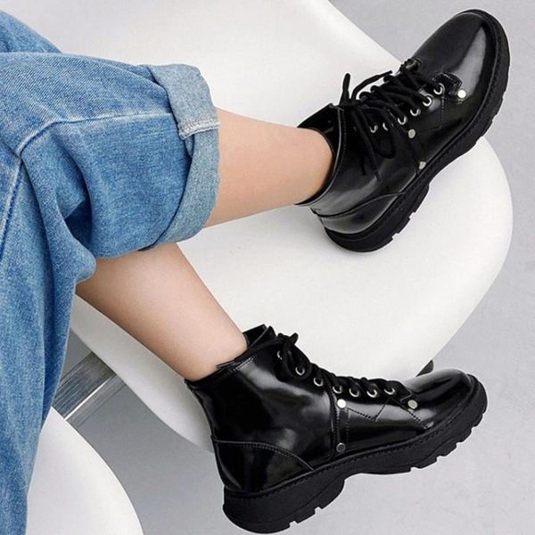 

boots brand 2021 quality fashion shoelaces belt buckle zipper cool 100% genuine leather cow ankle shoes women, Black