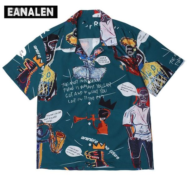 

men's korean clothes painting graffiti hawaiian shirt harajuku button vintage oversized beach short sleeve casual shirts, White;black