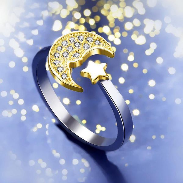 

female cute star moon opening ring vintage gold silver color wedding rings for women bride white crystal engagement, Slivery;golden