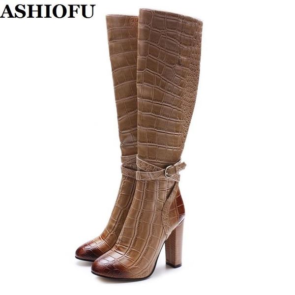

boots ashiofu handmade classic women's chunky heel faux-crocodiles knee high winter patchwork evening fashion club, Black