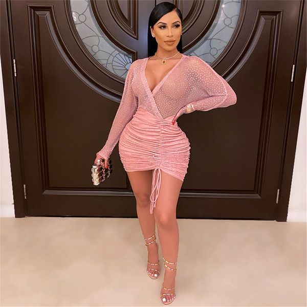

birthday party club dresses for women v-neck rhinestone sheer mesh bodycon mini dress dstring ruched dresses, Black;white