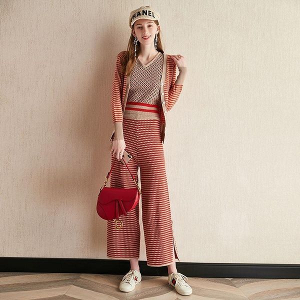 

women's two piece pants spring knitted tracksuit 3 pieces set long sleeve women cardigan sweater + tank wide leg pant suits y400, White