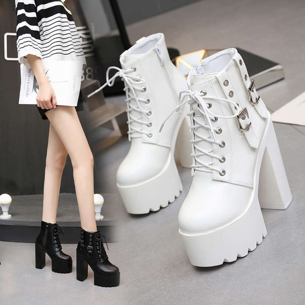 

14cm white super high heel short boots muffin waterproof platform lace up women's sho show thick martin, Black