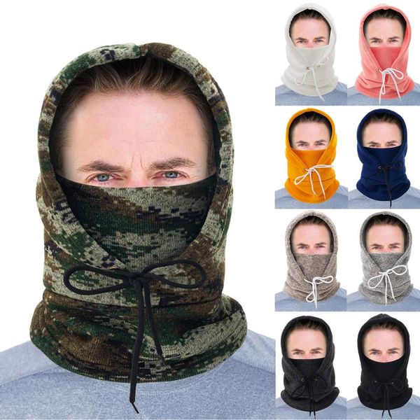 

camouflage print winter thermal cycling hat bandage adjustable windproof and cold face protection cap climbing fishing caps & masks, Black