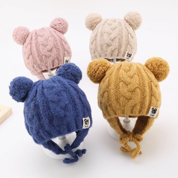 

caps & hats baby beanies solid color casual knitted cute cap girls boys winter warm hat furry balls pompom infant toddler bonnet, Yellow