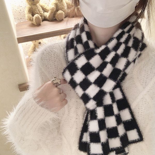 

knitted scarf women autumn winter furry and soft checkerboard plaid warm scarves, Blue;gray