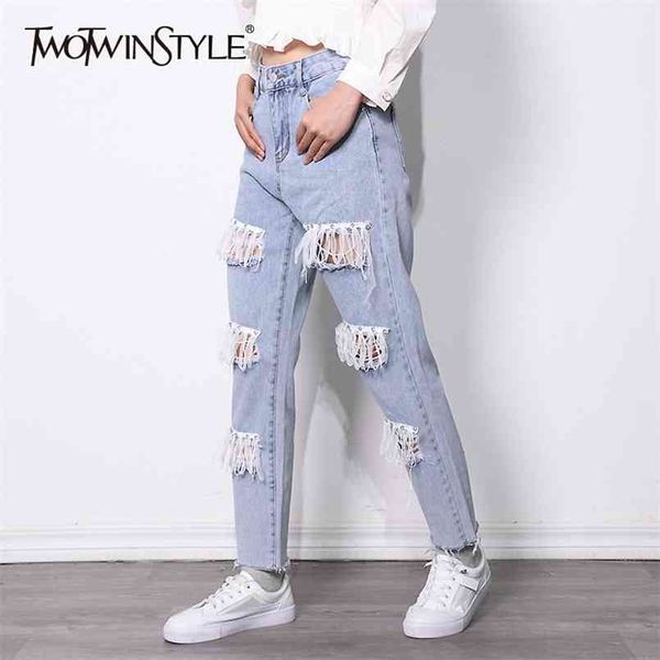

hollow out casual denim trousers for women high waist patchwork tassel straight jeans female korean spring fashion 210521, Blue