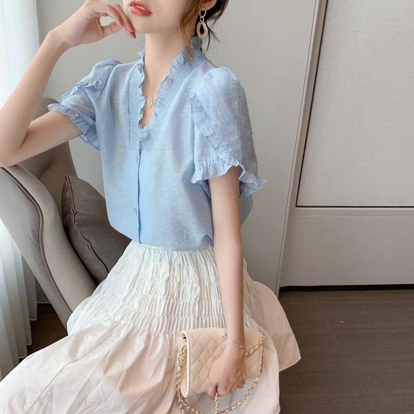 

women's blouses & shirts coigarsam short sleeve blouse women summer chiffon v-neck blusas womens and blue 1138, White