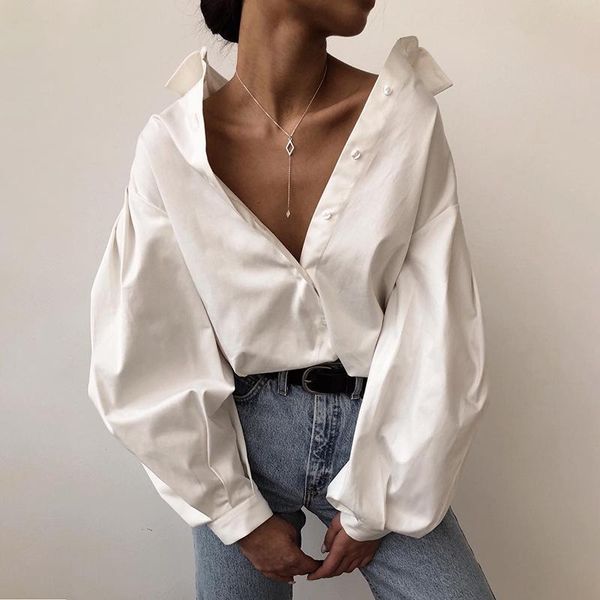 

women's blouses & shirts spring european loose fold-down collar white lantern long sleeve women blusas fashion streetwear 2021