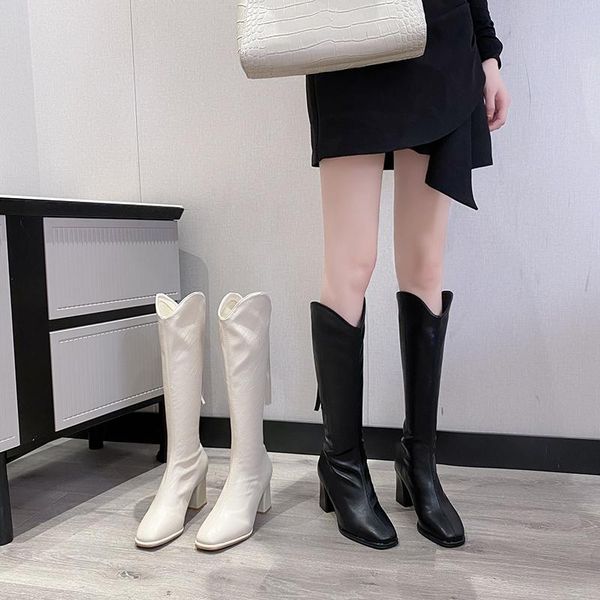 

boots white children autumn knight 2021 spring and high-heeled cowboy but knee-thin thin, Black