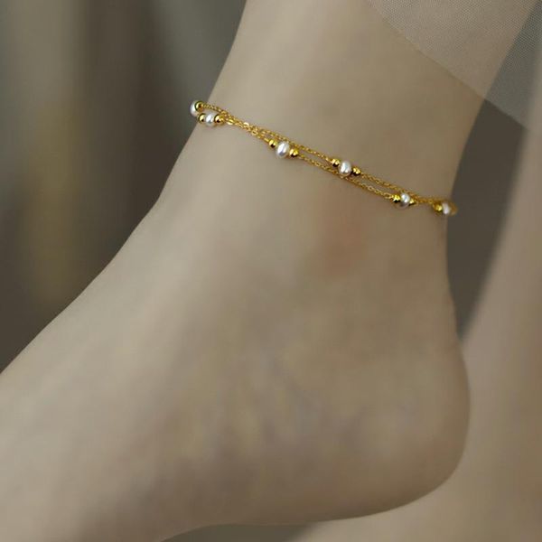 

anklets zhixi natural freshwater pearl anklet 14k gold-filled double-layer chain original handmade ladies party exquisite gift adjustabl, Red;blue