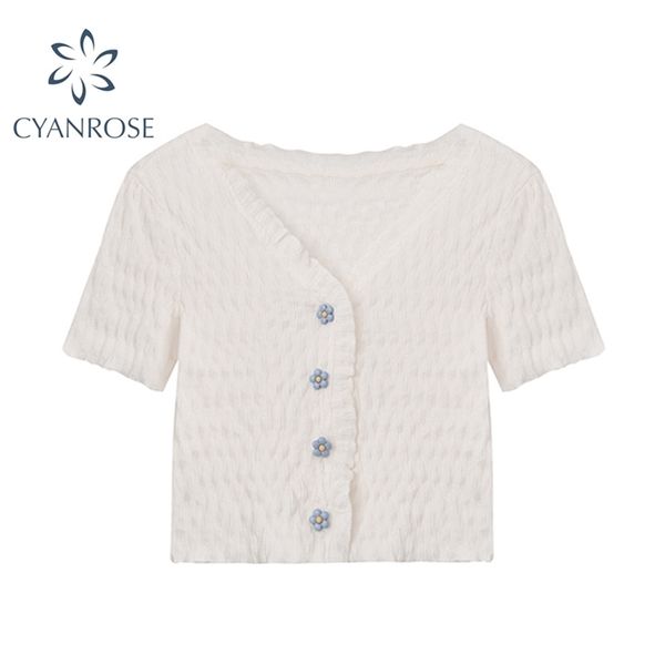 

summer fashion vintage solid color knitted cardigan women french style elegant temperament v neck short slee slim 210515, White