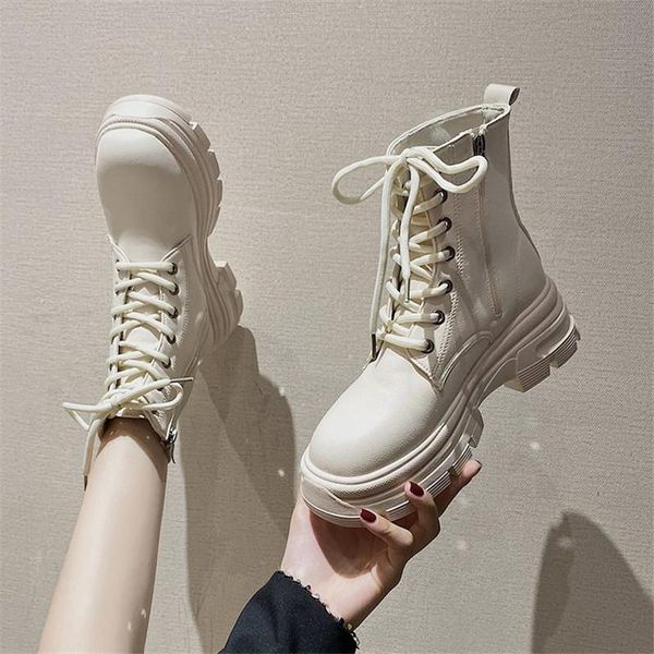

boots cootelili women ankle winter round toe 5.5cm heel zip and lace up platform 2021 fashion shoes for woman non-slip, Black