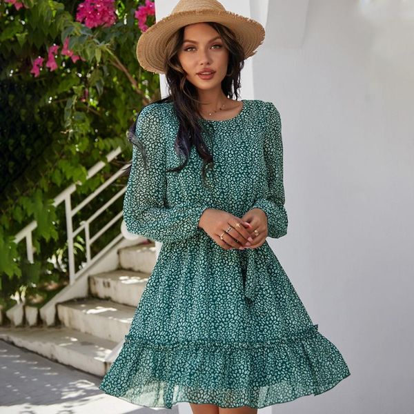

women's spring/summer 2021 waist round collar print dress female accept show thin beach falbala short-sleeved casual dresses, Black;gray