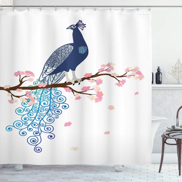 

peacock shower curtain, illustration of abstract peacock on blossom tree branch ornate summertime, cloth fabric bathroom decor