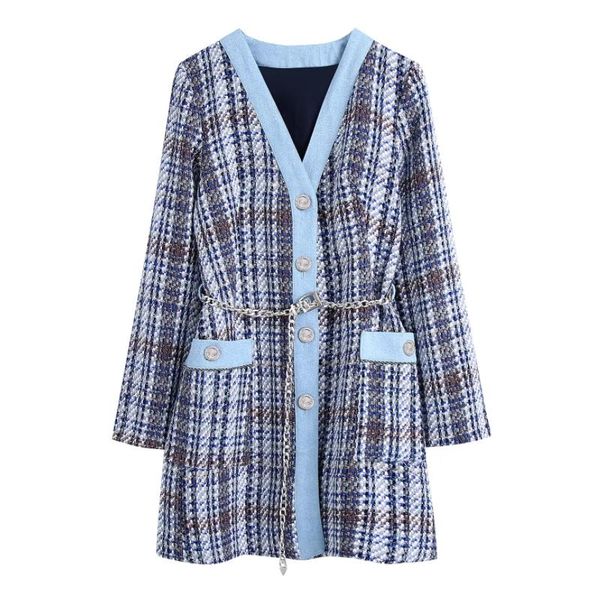 

women's jackets women button decoration plaid woolen coat female long sleeve outerwear casual lady loose c1222, Black;brown