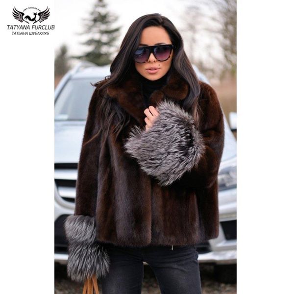 

women's fur & faux fashion short mink jackets with silver cuff luxury coat trendy overcoats winter 2021, Black