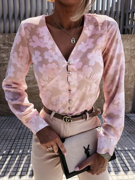 

women's blouses & shirts spring autumn vintage women floral print blouse elegant long sleeve button 2021 casual ladies v-neck blusas, White