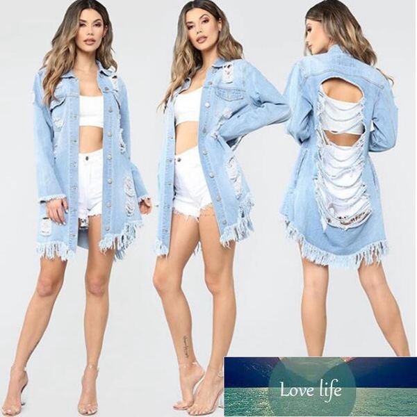 

fashion autumn hole tassel female demin jeans jacket women loose long jacket outerwear coat casaco feminino streetwear, Black;brown