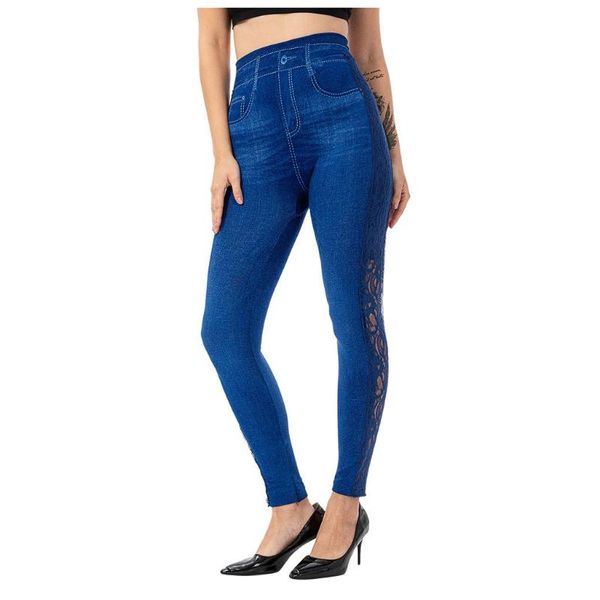 

women's pants & capris jaycosin women slim cropped leggings female casual elastic lace patchwork imitation cowboy trousers, Black;white