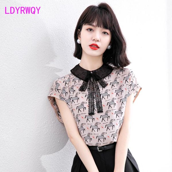 

women's blouses & shirts ldyrwqy 2021 summer japanese and korean print round neck stitching fashion loose temperament chiffon shirt, White