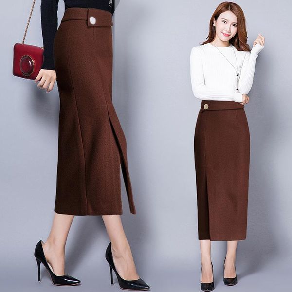 

skirts autumn winter wram thick women woolen skirt elastic high waist casual a-line wool female long pencil, Black