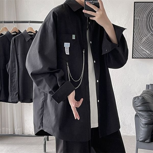 

hybskr oversized shirt for men streetwear long sleeve harajuku chain fashion men's shirts korean clothes branded clothing 220303, White;black