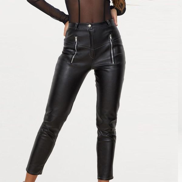 

women's pants & capris faux pu leather women office lady elegant casual stretch pencil trousers female straight leg work wear fashion s, Black;white
