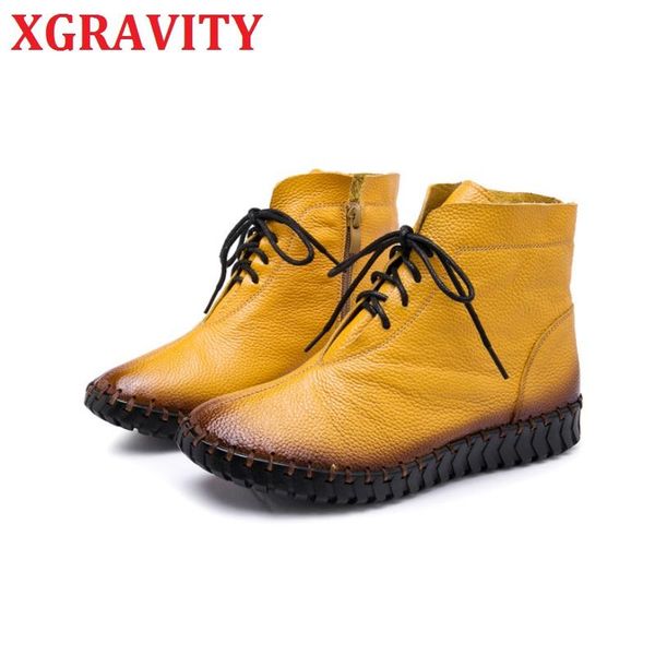 

boots xgravity s128 hand-made lady fashion casual flat elegant genuine leather shoes round toe vintage, Black